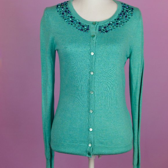 Sweaters - Turquoise cardigan with sequined collar